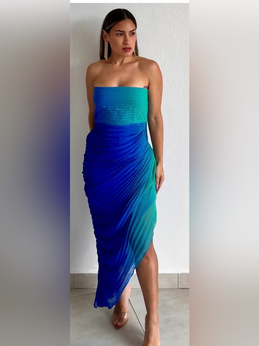 Luxxel Strapless Ombre Blue-Green Pleated Midi Dress